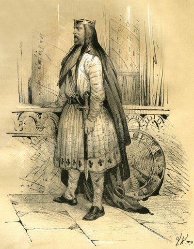 Clodion the Hair, leder af Salian Francs fra omkring 428 til sin død i 447, sandsynligvis forfader til Merovingianerne. Gravering af Victor Adam (1801-1866) i bogen "France in the Middle Ages" udgivet af Ardant-brødrene i midten af 1800-tallet. af Victor Adam