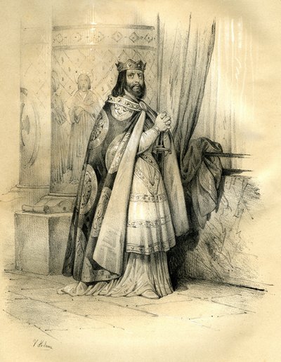 Dagobert 1. (v.600-639), konge af Austrasien (623-629), konge af alle frankerne (629-634), konge af Neustrien og Burgund (634-639). Regnskabet for Dagobert 1. af Victor Adam
