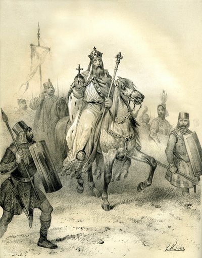 Kejser Charlemagne, der bærer magtens emblemer, rider i spidsen for sine tropper, soldater i rustning. Stik af Victor Adam (1801-1866) i bogen "Frankrig i middelalderen" udgivet af brødrene Ardant i midten af det 19. århundrede. af Victor Adam