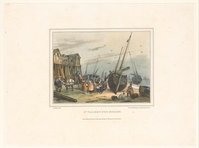 Stranden i Saint-Valery-sur-Somme St. Valery sur Somme (titel på objekt) Kostumer for indbyggerne i havnebyer (serietitel) Costumes de marines, designs dans les ports (serietitel) af Victor Adam
