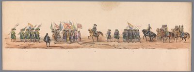 Historisk procession ved det andet hundrede år for Utrecht University of Applied Sciences, 1836 (plade 9) De hollandske hæres anløb til Oostende, 3. juli 1600, dagen efter sejren ved Nieuwpoort; ifølge den udklædte fremstilling givet af H H Student af Victor Adam