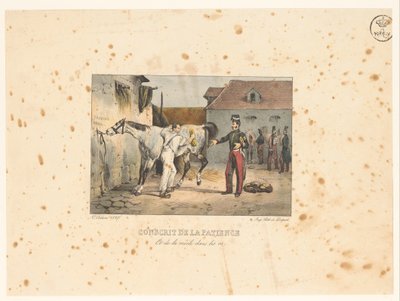 Rekruut sørger for en paard Værnepligtig tålmodighed og marv i knoglerne (titel på objekt) Militære scener (serietitel) Militære scener (serietitel) af Victor Adam