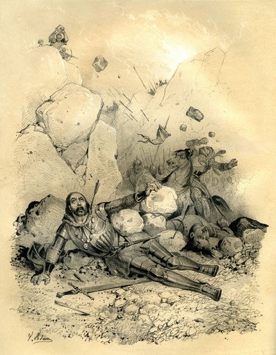 Roland, greve af Bretagne, blev dræbt af en afdeling Vascons (baskere) i 778 i Ronceveaux-dalen (Pyrenæerne). Gravering af Victor Adam (1801-1866) i bogen "France in the Middle Ages" udgivet af Ardant-brødrene i midten af 1980