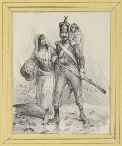 Soldat med en kvinde under armen og et barn på ryggen af Victor Adam
