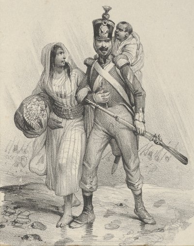 Soldat med en kvinde på armen og et barn på ryggen, midten af 1800-tallet.. af Victor Adam