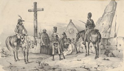 Soldater samledes foran en kirke med præster og et krucifiks, midten af 1800-tallet. af Victor Adam