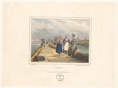To piger og en soldat på landingspladsen i Calais Calais (titel på objekt) Kostumer for indbyggerne i havnebyer (serietitel) Costumes de marines, designs dans les ports (serietitel) af Victor Adam