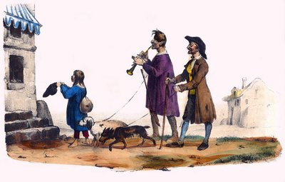 To blinde ledet af hunde og et tiggerbarn. I "" Album Grotesque, Choices of Outstanding Types", illustrationer af Victor Adam, Paris, omkring 1850. af Victor Adam