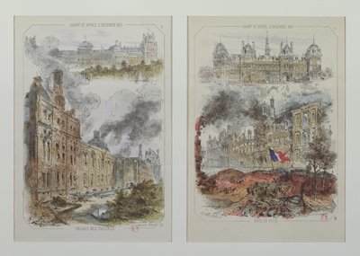Udsigt over Tuileries-paladset og Hotel de Ville før og efter brandene i 1871 af Victor Coindre
