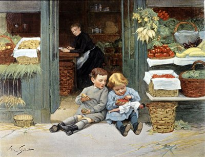 To børn spiser et æble og jordbær. Tegning af Victor Gabriel Gilbert