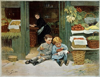 Besøg ham. Barn spiser toast foran deres mors dagligvarer. Den lille pige har en dukke på knæene. Maleri af Victor Gilbert (1847-1935). Paris, dekorativ kunst af Victor Gabriel Gilbert