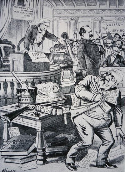 Grover Cleveland (1837-1908) fortæller sandheden om sit privatliv, mens hans modstander James Blaine (1830-93) portrætteres som korrupt af Victor Gillam