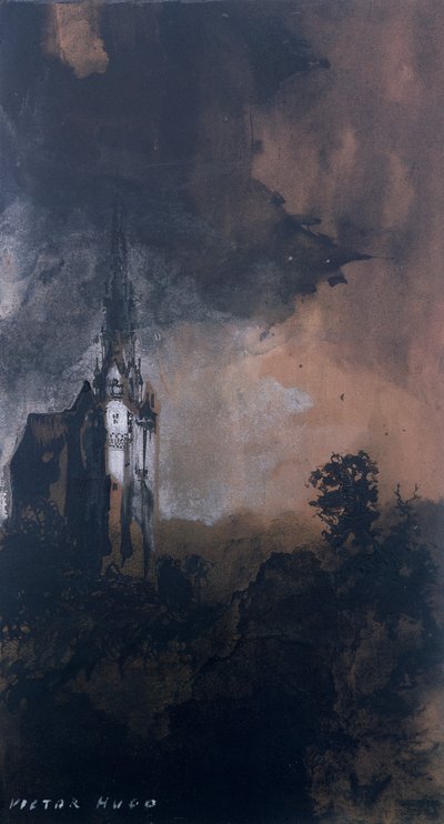 The Castle in the Moonlight (pen og indisk blæk, sepia og gouache på papir) af Victor Hugo