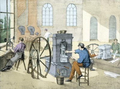 Møntforretning (møntprægning) (møntfremstilling), litho de Janson. 19. århundrede. af Victor Janson