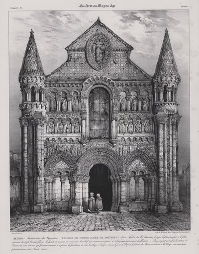 Romansk facade af kirken Notre Dame la Grande, Poitiers, Frankrig (litho) af Victor Jean Baptiste (after) Petit