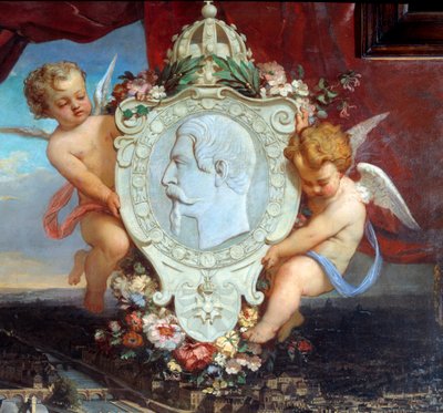 Detalje af: "" The Louvre of Napoleon III"" "" Udsigt over Palais du Louvre og portrættet af Napoleon III (1808-1873) i medaljon"" Maleri af Victor Joseph Chavet (1822-1906) 1857 Søn. 2,12 x 2,22 m Paris, Louvre-museet. af Victor Joseph Chavet
