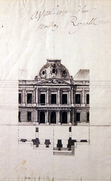 Design til en facade til et kongehus (pen & blæk med grå vaske) af Victor Louis