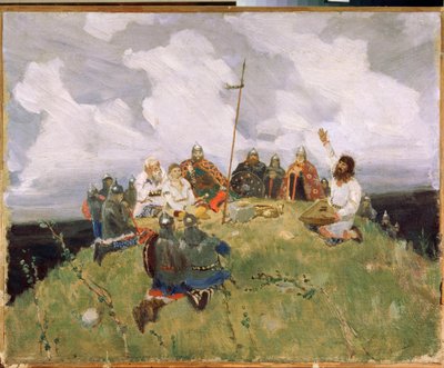 Boyan jouant du gousli (gusli, housli, husli) i det 11. århundrede (Boyan spiller gusli) - Værk af Viktor Mikhaylovich Vasnetsov (1848-1926), olie på pap af Victor Mikhailovich Vasnetsov