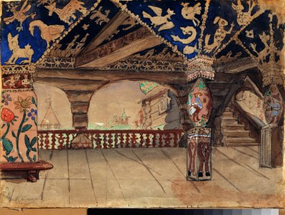 Forberedende indretning til teaterstykket ""La demoiselle des neiges"" af Alexandre Ostrovski (1823-1886) (Scenedesign til teaterstykket Snow Maiden af ​​A Ostrovsky) Træterrassen - Værk af Viktor Mikhaylovich Vasnetsov (1848-1926) ) , olie på af Victor Mikhailovich Vasnetsov
