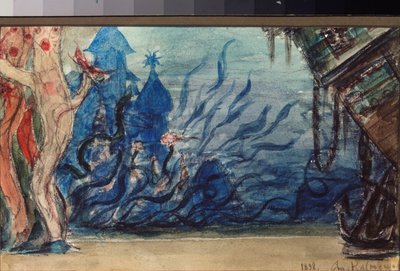 Forberedende sæt til operaen ""Sadko"" af Nicholas (Nikolai) Rimsky Korsakov (Rimsky-Korsakov) (1844-1908) (Scenedesign til operaen Sadko af N Rimsky Korsakov) undervandslandskab - værk af Viktor Mikhaylovich Vasnetsov (1848- 1926), blyant og akvarel af Victor Mikhailovich Vasnetsov