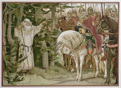 Prins Oleg (d.c.912) møder spåmanden, der profeterer, at hans hest vil være årsagen til hans død, illustration fra 