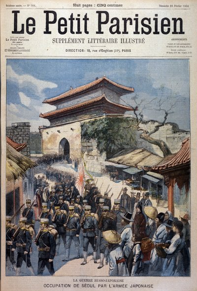 Den japanske hær besætter Seoul, Korea - Indgravering fra Le Petit Parisien, 28/02/1904 af Victor Mottez