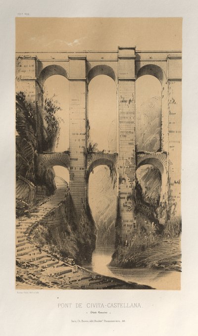 Malerisk arkitektur eller monumenter fra det 15. århundrede. Og XVI. århundreder: Slotte i Frankrig fra det XV og XVI århundreder: Pl. 50, Pont De Civita-Castellana (romerske stater) af Victor Petit