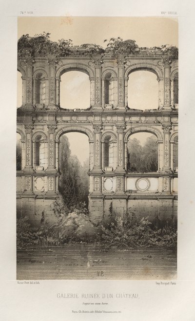Malerisk arkitektur eller monumenter fra det 15. århundrede. Og XVI. Centuries: Slotte i Frankrig i det XV og XVI århundreder: Pl. 74, Ruined Gallery Of A Castle, efter en gammel tegning af Victor Petit