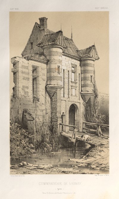 Malerisk arkitektur eller monumenter fra det 15. århundrede. Og XVI. Århundrede: Chateaux De France fra det XV og XVI århundreder: Pl. 23 Commanderie De Launay (Yonne) af Victor Petit