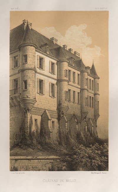 Malerisk arkitektur eller monumenter fra det 15. århundrede. Og XVI. århundreder: Chateaux De France fra det XV og XVI århundreder: Pl. 35, Château De Mello (Oise) af Victor Petit