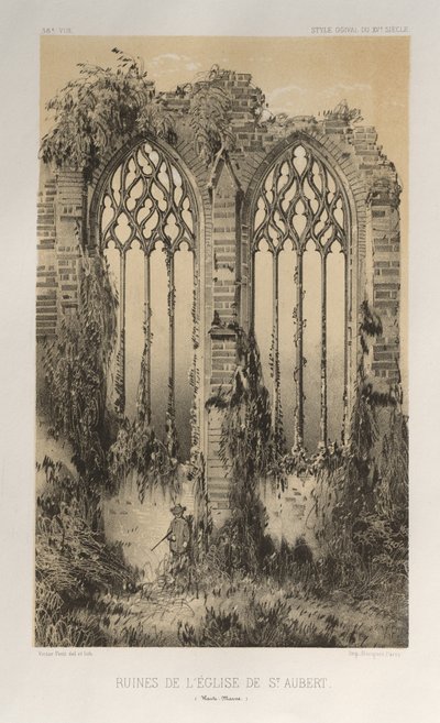 Malerisk arkitektur eller monumenter fra det 15. århundrede. Og XVI. Centuries: Chateaux of France of the XV and XVI Centuries: Pl. 38, ruinerne af St. Aubert-kirken (Haute-Marne) af Victor Petit