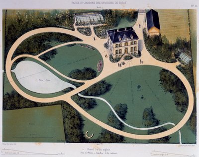 Stor engelsk have på 6300 kvadratmeter, Illustration taget fra Parcs et Jardins des environs de Paris (Parker og haver omkring Paris), Ca 1850, Litografi af Victor Petit (1818-1871), Frankrig af Victor Petit