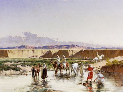 Arabiske ryttere vander i en oase, af Victor Pierre Huguet