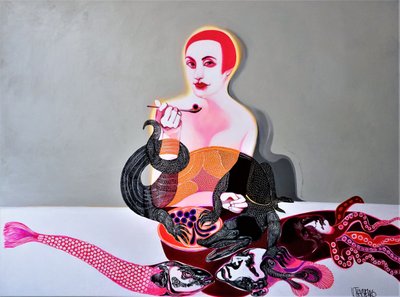 Surrealistisk scene med en kvinde ved havet af Victor Tkachenko