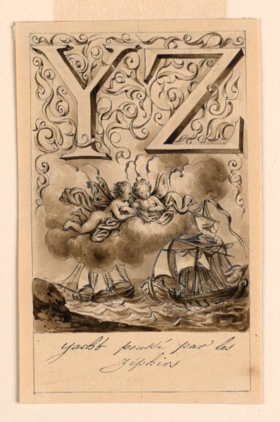 Design til bogstaverne Y og Z i en primer: Yacht/Zéphir (Yachts drevet af Zephyrs) af Victor Vincent Adam