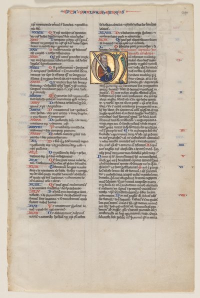 Blad med initial fra en latinsk bibel: Initial M: St. Paul med et sværd og en bog af Vienna Moralized Bible Workshop