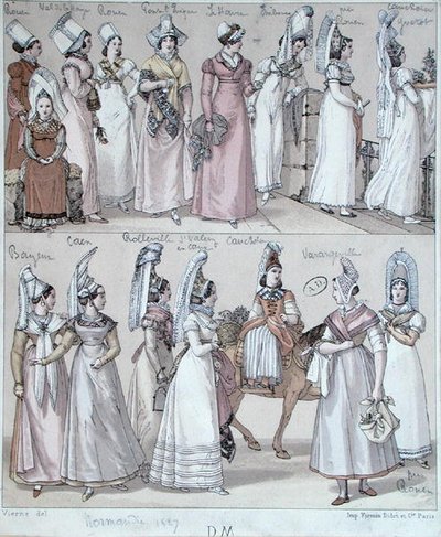 Traditionelle dragter fra Normandiet, ca. 1830 (farve litho) af Vierne (after)