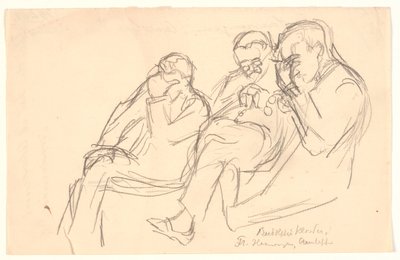 Figurskitse. Tre siddende mænd: Fr. Henningsen, Aarsleff og P. Johansen af Viggo Johansen