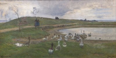 Gæs ved en sø. Mod uroligt vejr. Dragør af Viggo Johansen