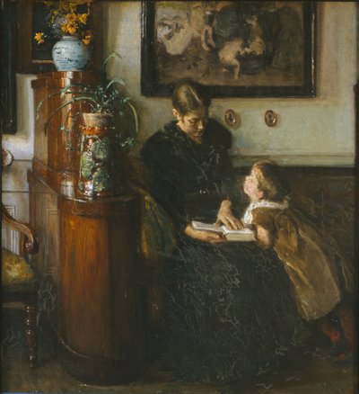 Moder skal læse. Kunstnerens hustru og barn af Viggo Johansen
