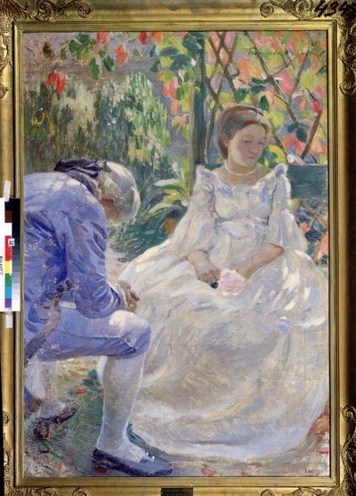 ""Efterårets melodi"" (En efterårsmelodi). Galant scene mellem en mand og en kvinde, der holder en blomst i hånden. De er klædt i 1700-tallets mode og virker triste (brud?). Maleri af Viktor (Victor) Elpidiforovich Borisov af Viktor Elpidiforovich Borisov Musatov