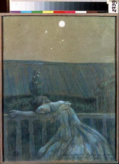 ""Sorgen"" (Sorgen) En desperat ung pige, der læner sig op ad et rækværk. Akvarel og pastel af Viktor (Victor) Elpidiforovich Borisov-Musatov (Borisov Musatov) (1870-1905) (symbolik) 1903 Statens Museum for Historie og Kunst Serpukhov (Serpukhov). af Viktor Elpidiforovich Borisov Musatov