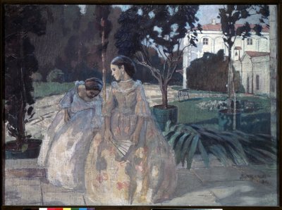 Gobelin. To elegante unge kvinder går i haven til en velhavende ejendom. Maleri af Viktor (Victor) Elpidiforovich Borisov Musatov (Borisov-Musatov) (1870-1905). tempera på lærred af Viktor Elpidiforovich Borisov Musatov