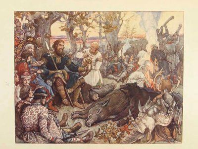 Resten af storprins Vladimir II Monomakh på jagt. Den kejserlige jagt i Rusland af N. Kutepov, af Viktor Mikhaylovich Vasnetsov