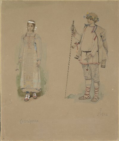 Snow Maiden og Lel. Kostumedesign til operaen Snow Maiden af N. Rimsky-Korsakov, 1885 af Viktor Mikhaylovich Vasnetsov