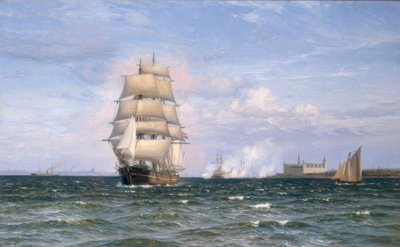 Dansk pram foran Kronborg Slot og Helsingør i det fjerne af Vilhelm Arnesen