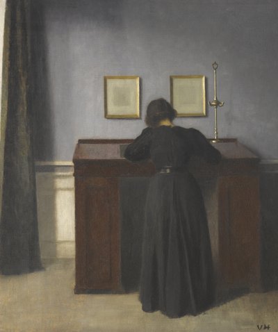 Ida står ved et skrivebord af Vilhelm Hammershøi