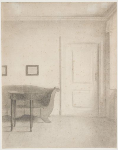 Interiør med sofa og lille bord, t.h. en dør af Vilhelm Hammershøi