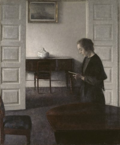 Interiør med en damelæsning, ca. 1900 (olie på lærred) af Vilhelm Hammershoi