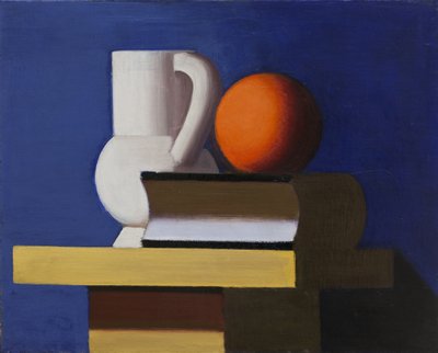 Stilleben med hvid krukke, appelsin og bog af Vilhelm Lundstrøm